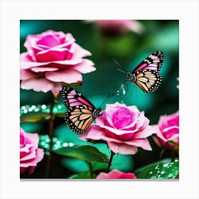 Butterfly On Pink Roses Canvas Print