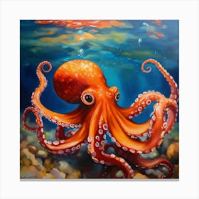 Vibrant Reds And Oranges Oil Painting Of Octopus Canvas Print