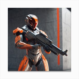 A Futuristic Warrior Stands Tall, His Gleaming Suit And Orange Visor Commanding Attention 4 Canvas Print