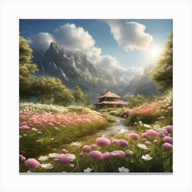 Serene Horizons: Where Flowers Meet the River Canvas Print