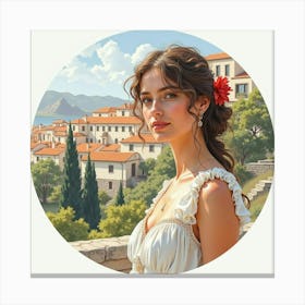 Graceful Greek Woman In Watercolor, With The Classic Charm Of An Ancient Town Behind 1 Canvas Print