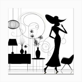 Elegant Lady wearing a Hat In Living Room - Line Drawing 3 Canvas Print