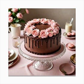 A Delicious Chocolate Cake Adorned With Buttercream Icing And Decorated With Intricate Pink Icing Fl 3665640374 Canvas Print