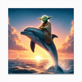 Yoda Riding A Dolphin At Sunset Star Wars Art Print Canvas Print