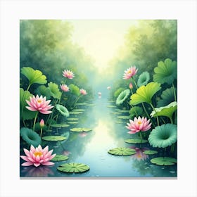 Mystical Pond With Lotus Flowers, Watercolor 1 Canvas Print