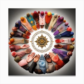 The Image Portrays A Diverse Group Of Hands Holding Symbols Representing Different Religions And Beliefs, Arranged In A Circle To Promote Unity And Understanding 1 Canvas Print