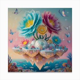 A Surreal Scene Featuring Giant Flowers Sprouting From Floating Islands With An Interesting Blend Of Coral Reefs, Butterflies, And Stars 3 Canvas Print