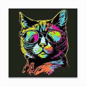 Cat With Sunglasses Neon Canvas Print