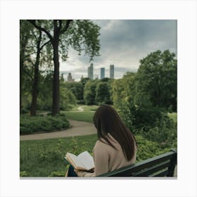 A Woman Reading Book In Central Park Canvas Print