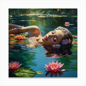 A gracefully floating water nymph, her delicate form surrounded by a tranquil garden of ethereal water blossoms. The petals of these flowers convey a range of emotions, shifting gently with the breeze that ripples through the crystal clear water. The aquatic stems showcase a vibrant array of colors, dazzling the eyes with their beauty. This captivating scene is depicted in a stunningly detailed painting, where every aspect is brought to life with rich and vibrant hues against green surroundings, crossing reality and illusion, highly detailed, cinematic scene, dramatic lighting, ultra realistic 2 Canvas Print