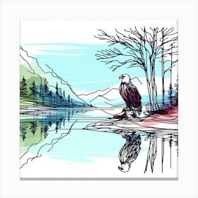 Eagle by Water Line Drawing with Color Effects - Wild Bird Artwork 171 Canvas Print