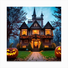 Halloween House With Pumpkins Canvas Print