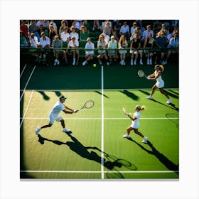 Tennis Match Underway Sunlight Casting Dynamic Shadows On The Green Court Players Poised Mid Swing (1) 2 Canvas Print