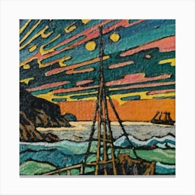 Oil painting of a boat in a body of water, woodcut, inspired by Gustav Baumann 3 Canvas Print