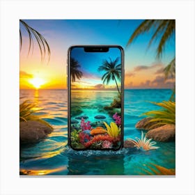 Smartphone Transforming Into A Vibrant Aquatic Creature Among Palm Trees And Wildflowers At Sunrise Canvas Print