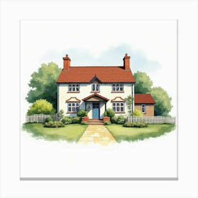 A Classic English Family Home With A Neat Garden And Picket Fence, Watercolor Canvas Print