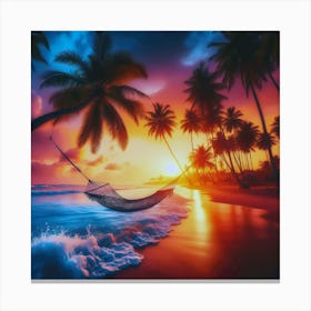 Beach With Palm Trees At Sunset Canvas Print