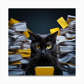 Black Cat In A Pile Of Papers Holding A Phone Canvas Print