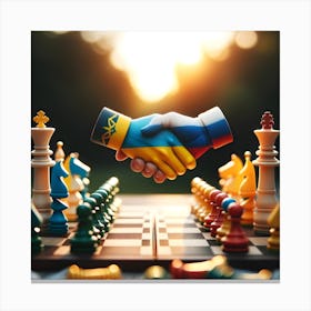 Chess Board With Russian Ukrainian Hands Shaking Canvas Print