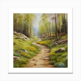 Path In The Woods.A dirt footpath in the forest. Spring season. Wild grasses on both ends of the path. Scattered rocks. Oil colors.3 Canvas Print