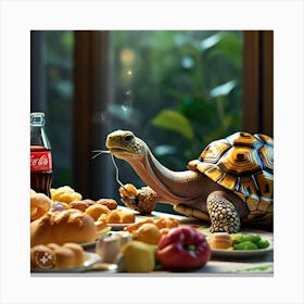 Tortoise Eating Greedily All The Delicious Food And Drinks (3) Canvas Print