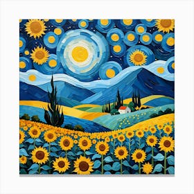 Sunflower Field in Van Gogh Starry Night With Mountains Canvas Print