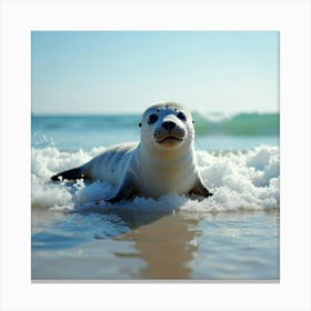 A Playful Baby Seal Playing In The Surf 2 Canvas Print