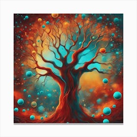 A Colorful Painting With A Red Tree, In The Style Of Luminous Spheres, Dark Yellow And Turquoise, Wa Canvas Print