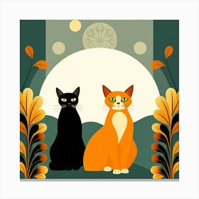 Two Cats In Front Of The Moon Canvas Print