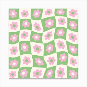 Pink Checkered Flowers On Wavvy Green and White Squares Canvas Print