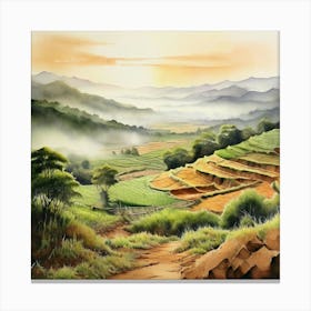 Watercolor A Serene Landscape In Rural China Bathed In The Warm Earthy Tones Canvas Print