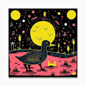 Ducklings At Night Linocut Style 3 Canvas Print