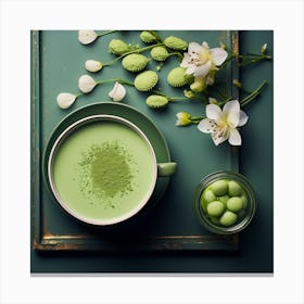 Matcha Green Tea With White Flowers Canvas Print