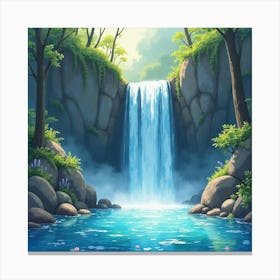 Enchanted Waterfall Cascading Into A Crystal Pool, Watercolor 1 Canvas Print