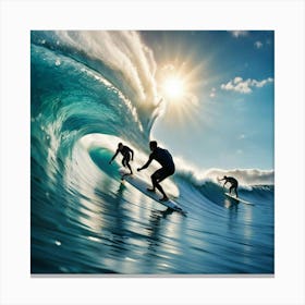 Surfers Riding A Wave Canvas Print