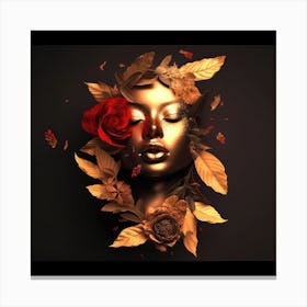 Serene Woman in Profile with Rose Behind Ear and Leaves Adorning Her Face, Featuring Soft, Muted Colors. Canvas Print