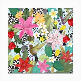 Tropical Pattern With Humming Bird, Strawberry And Colorful Lily Floral Pattern Square Canvas Print