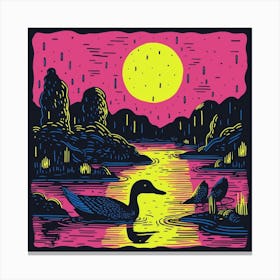 Duckling Linocut Style At Night 7 Canvas Print