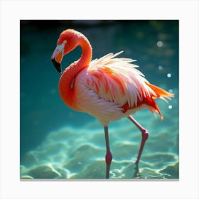 A Dreamy Flamingo With Glittering Feathers, Standing In A Sparkling Crystal Clear Lagoon Canvas Print