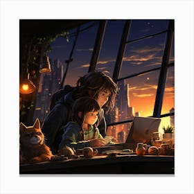 Cat And Girl In The City Canvas Print