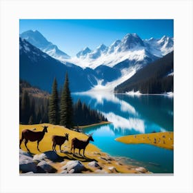 Goats in Paradise: A Serene Lake and Majestic Mountain Landscape Canvas Print