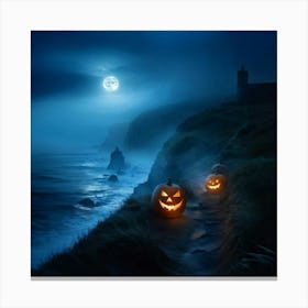 Ghostly Jack O Lanterns Glowing Eerily Beside A Winding Coastal Path Mist Hovering Over The Ocean (1) Canvas Print