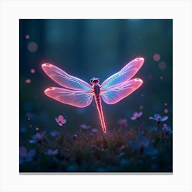 A Radiant Dragonfly With Wings Of Pulsating, Neon Light Hovering Over A Dreamlike Meadow 1 Canvas Print