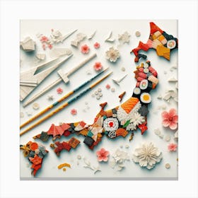 Mixed Media Map: A Map of Japan with Various Elements Related to Japanese Culture Canvas Print