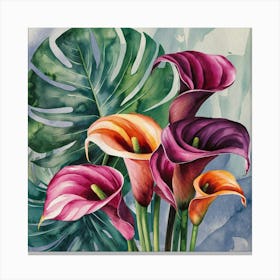 watercolor calla lilies and monstera, painting 1 Canvas Print