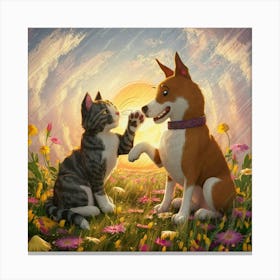 Dog And Cat In The Meadow Canvas Print