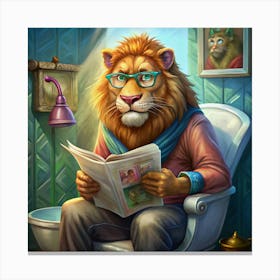 A Lion Wearing Glasses Sitting On A Toilet And Reading A Newspaper Canvas Print