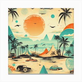 Vintage, Retro Travel Poster Tropical, Palm Trees, Airplane, Sun 3 Toile