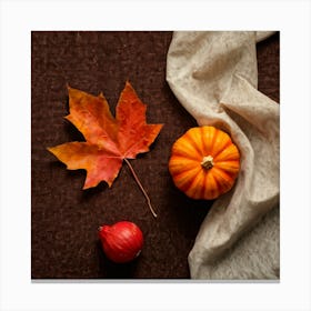 Autumnal Still Life Digital Painting Featuring Maple Leaf And Squash Placed Against Fabric Simulatin (2) Canvas Print