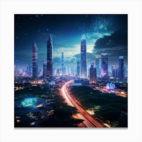 Bangkok Cityscape Set In A Futuristic Era Skyscrapers Ablaze With Neon Lights Merging Seamlessly W (5) Canvas Print